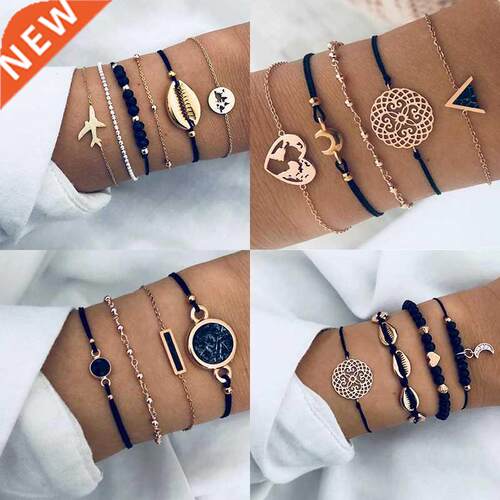 New ohemian lack Rope Chain racelet Set For Women aircr