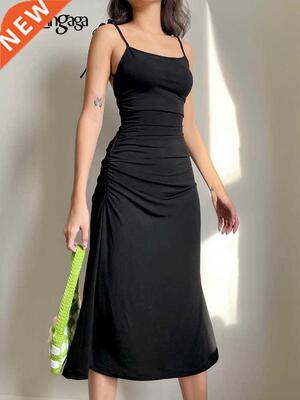Dlingaga Fashion Strappy Ruched Sexy Black Dress Irregul