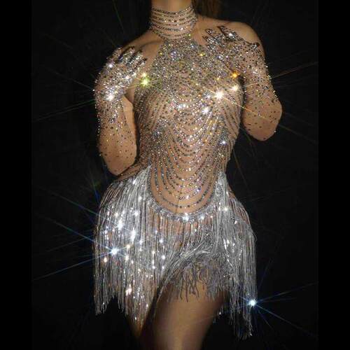 Shining Rhinestone Tassel Dance Costume Sexy Women Elastic M
