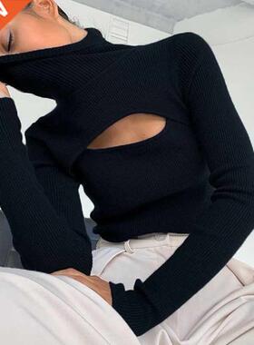 Turtleneck Long Sleeve Hollow Out Slim Knitted Sweaters Autu