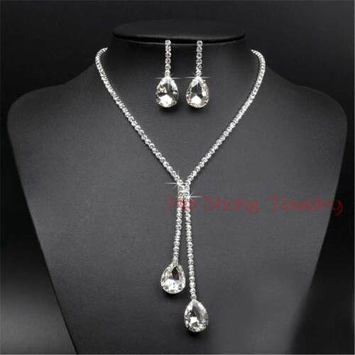 Crystal Teardrop Long Necklace Earrings Set Silver Color Wed