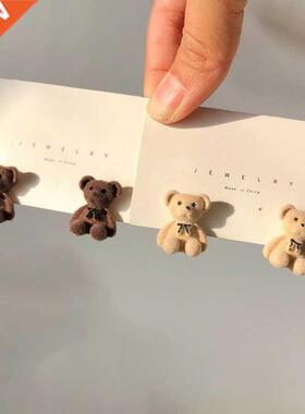 1Pair Small Plush Bear Stud Earrings Cute Bears Brown Flocki