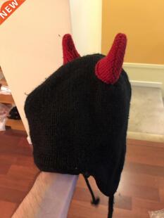 Knit Beanie Women Handmade Horn EarFlap Hanging Triangle Win