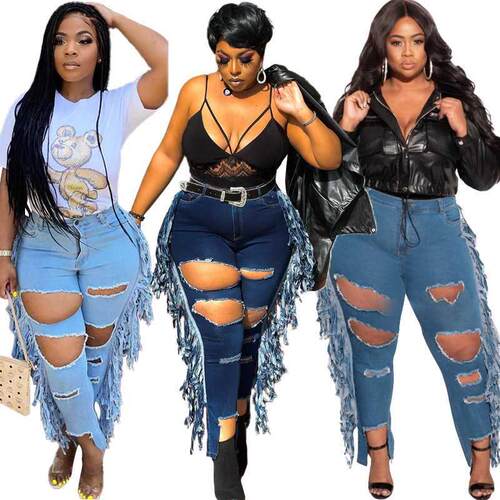 XL-5XL plus size ripped fringed ladies jeans大码破洞女牛仔裤