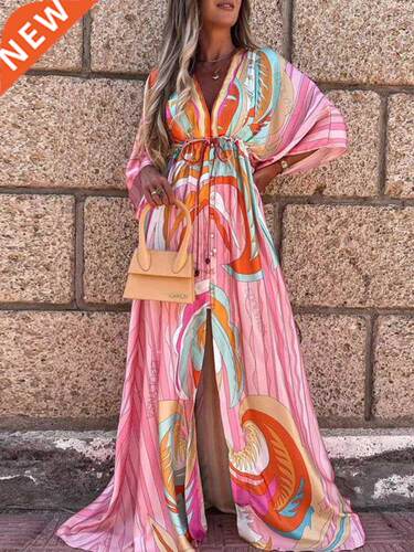 Bikini Cover-ups Boho Print Long Dress Self Belted Sexy Beac