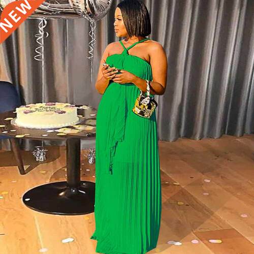 2022 Summer Sexy halter women's Pleated dress女士吊带连衣裙