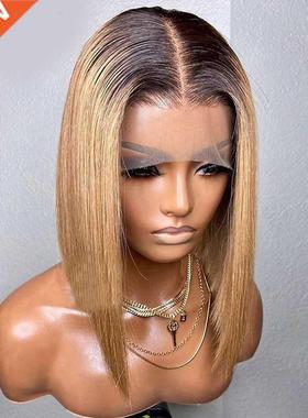 Ombre Bob Wig With Bby Hir Honey Brown Stright Lce Closu