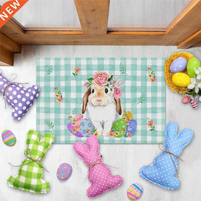 Easter Bunny Egg Flower Cyan Plaid Doormat Home Protective