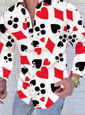 New Poker print men's long sleeved shirt men casual shirt Ha