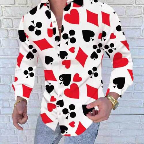 New Poker print men's long sleeved shirt men casual shirt Ha