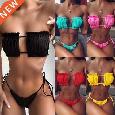 2022 Summer Women Push Up Bikinis Set Solid Color Strapless
