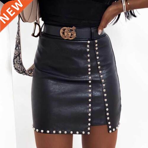 Elegant Fashion Rivets PU Leather Skirts Women Mini Pencil S