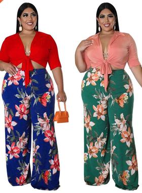 L-4xl large size fat MM top + printed pants two sets大码套装