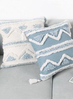 Boheian acrae Tufted Tassel Long Throw Pillow Case Blue