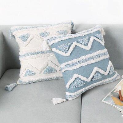 Boheian acrae Tufted Tassel Long Throw Pillow Case Blue
