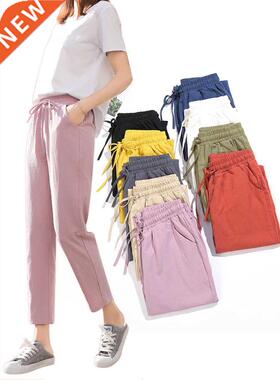 Womens Spring Summer Pants Cotton Linen Solid Elastic waist