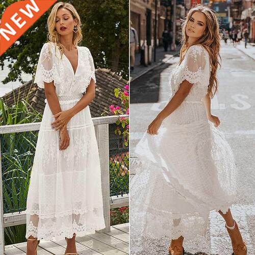 Hollow Out White Dress Sexy Women Long Lace Dress Cross Semi