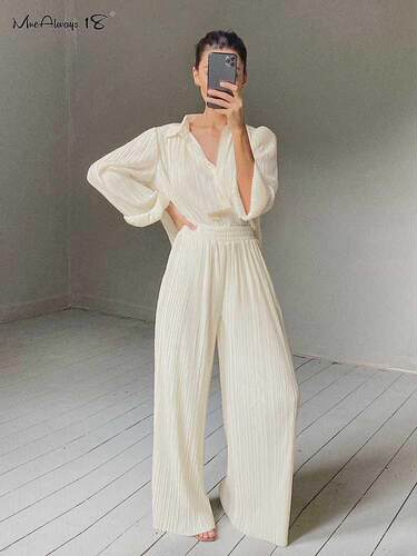 Mnealways18 Beige Pleated Wide Leg Pants Womens Pants Fashio