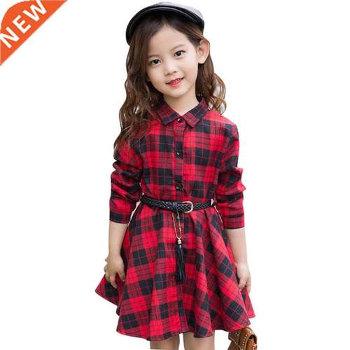 Girl Dress Fashion Plaid Shirt Dress For Girls Single-breast