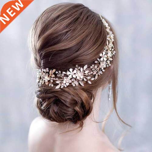 ndy Bridal Flower Wedding Headband Gold Leaf Rhinestone Brid