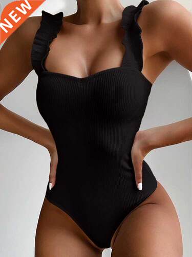 Vintage Swimsuit Women One Piece Ruffle Strap Swimwear Femal