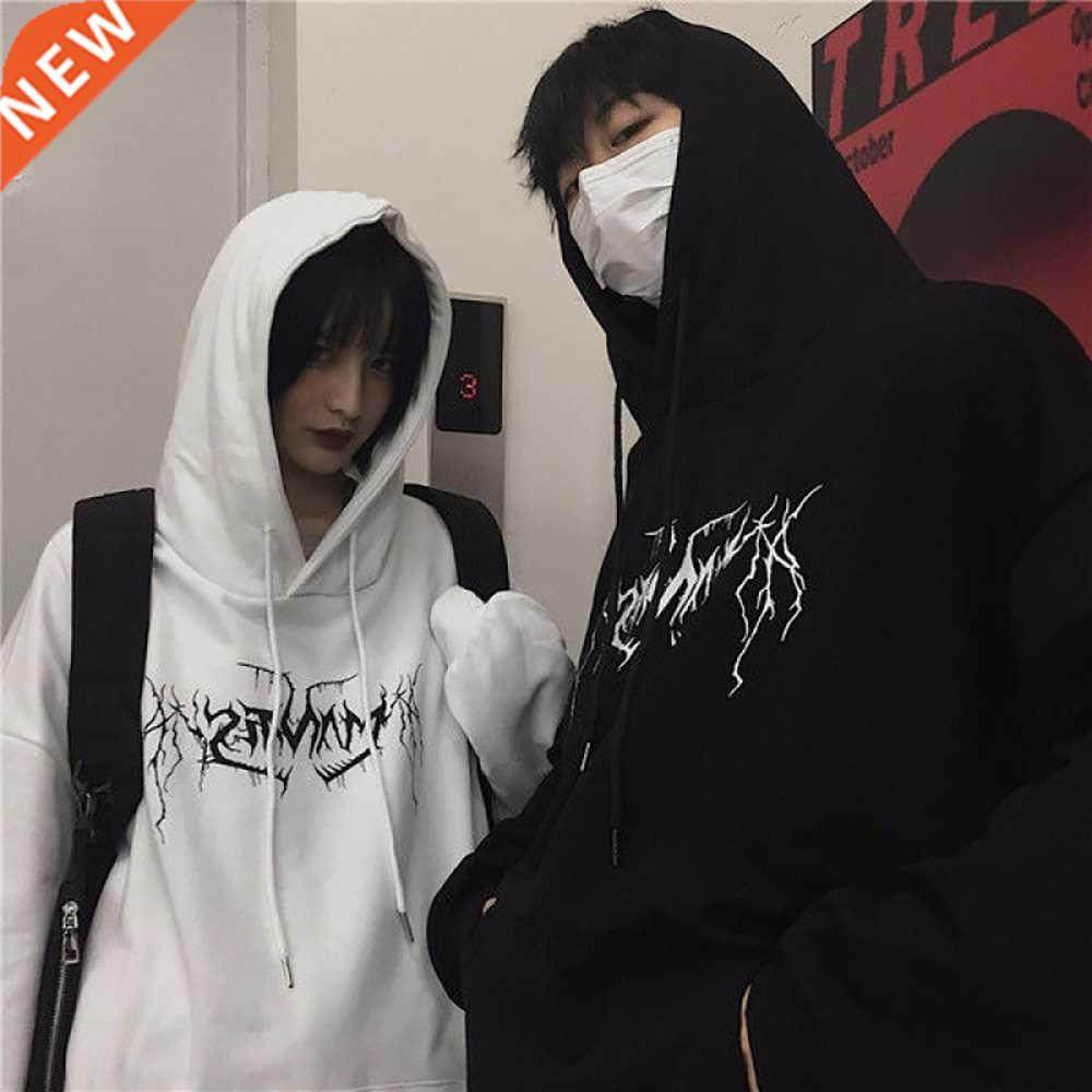 Gothic Oversized Hoodie Men Women Lightning Print Long Sleev