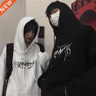 Gothic Oversized Hoodie Men Women Lightning Print Long Sleev