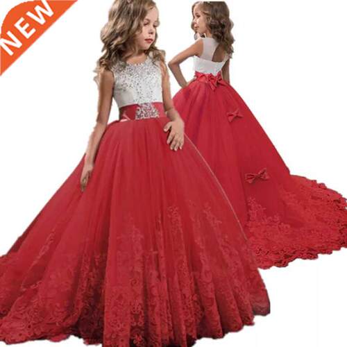 Red Girl Lace Embroidery Christmas Birthday Party Dress Flow