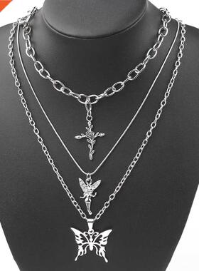 2021 3 Layers Hip Hop Cool Silver Color Cross Choker Necklac