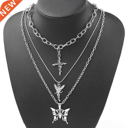 2021 3 Layers Hip Hop Cool Silver Color Cross Choker Necklac