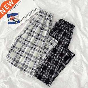 Casual Pants Women Elastic Waist Plaid Wide Leg Trousers Wom