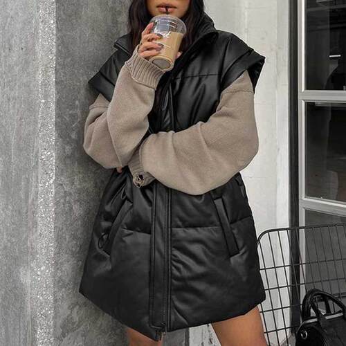 Fashion Stand Collar Simple Vests Women Elegant Side Pockets