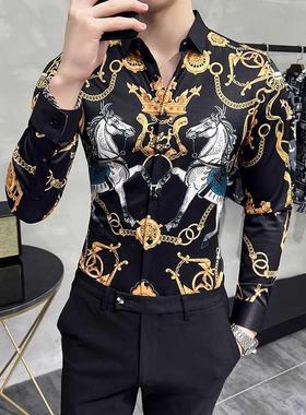 LIFENWENNA Fashion Print Shirt Men Royal Retro Long Sleeve S