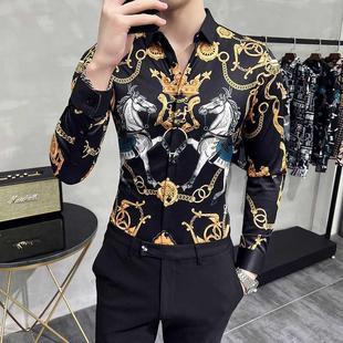 LIFENWENNA Fashion Print Shirt Men Royal Retro Long Sleeve S