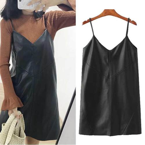 SWYIVY New Women's Leather Dress Casual 2019 New V-neck PU L
