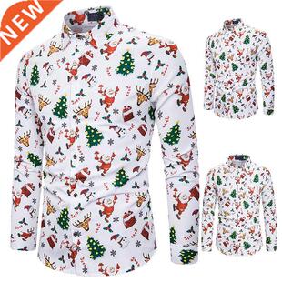 Men Long Sleeve Shirt Christmas Shirt Banquet Holiday Printe