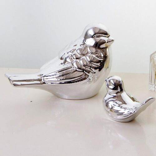 Small Silver Ceramic Chubby Bird Figure Ornaments Animal