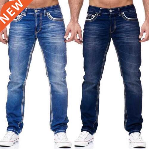 Men Jeans Solid Pockets Stretch Denim Straight Pants Spring