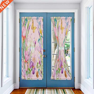 Red Flowers Butterfly Green Leaves Plant Door Curtains