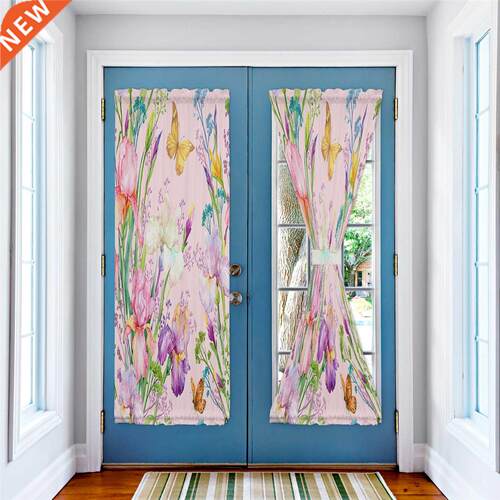 Red Flowers Butterfly Green Leaves Plant Door Curtains