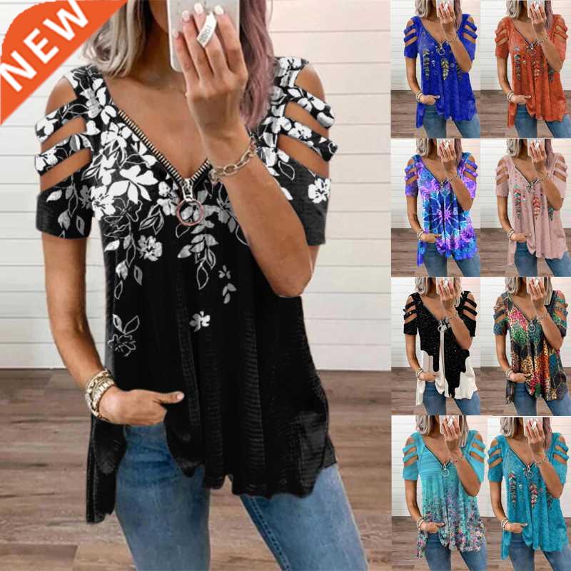 V-neck zipper pullover women short-sleeved loose T-shirt