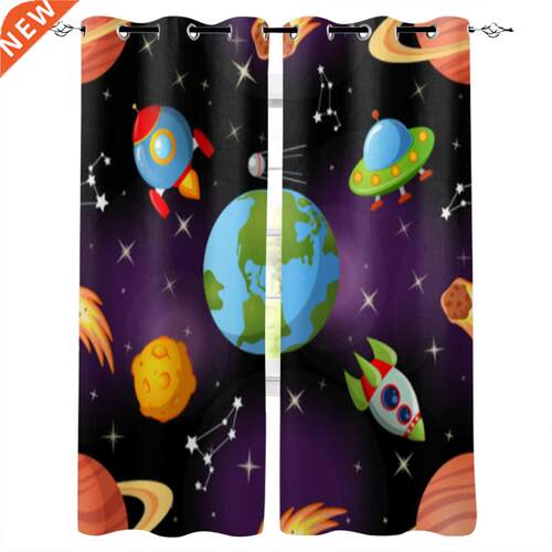 Space Pattern with Earth Rockets Stars Window Curtains for