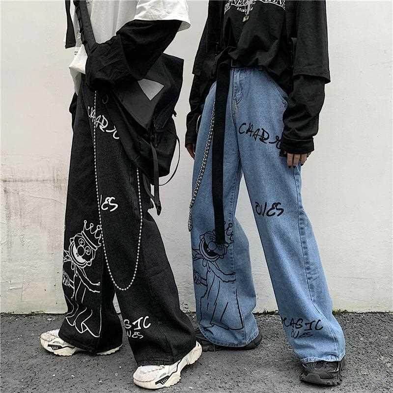 Graffiti printed street jeans women	s gothic mopping