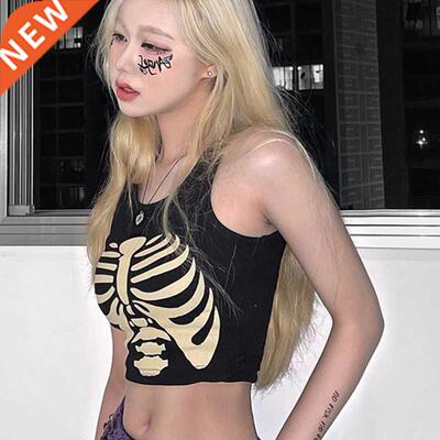Summer Slim Knitting Crop Top Vest Y2k Aesthetic Gothic Blac