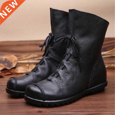 2021 Vintage Style Genuine Leather Women Boots Flat Booties