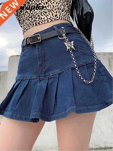 Rapcopter Women Jeans Skirts High Waist Pleated Skirts Zippe