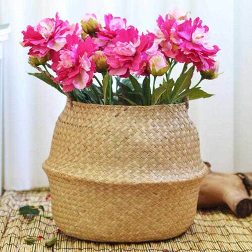 Wicker Storage Foldable Basket Bamboo Seagrass Flower Pot Pl