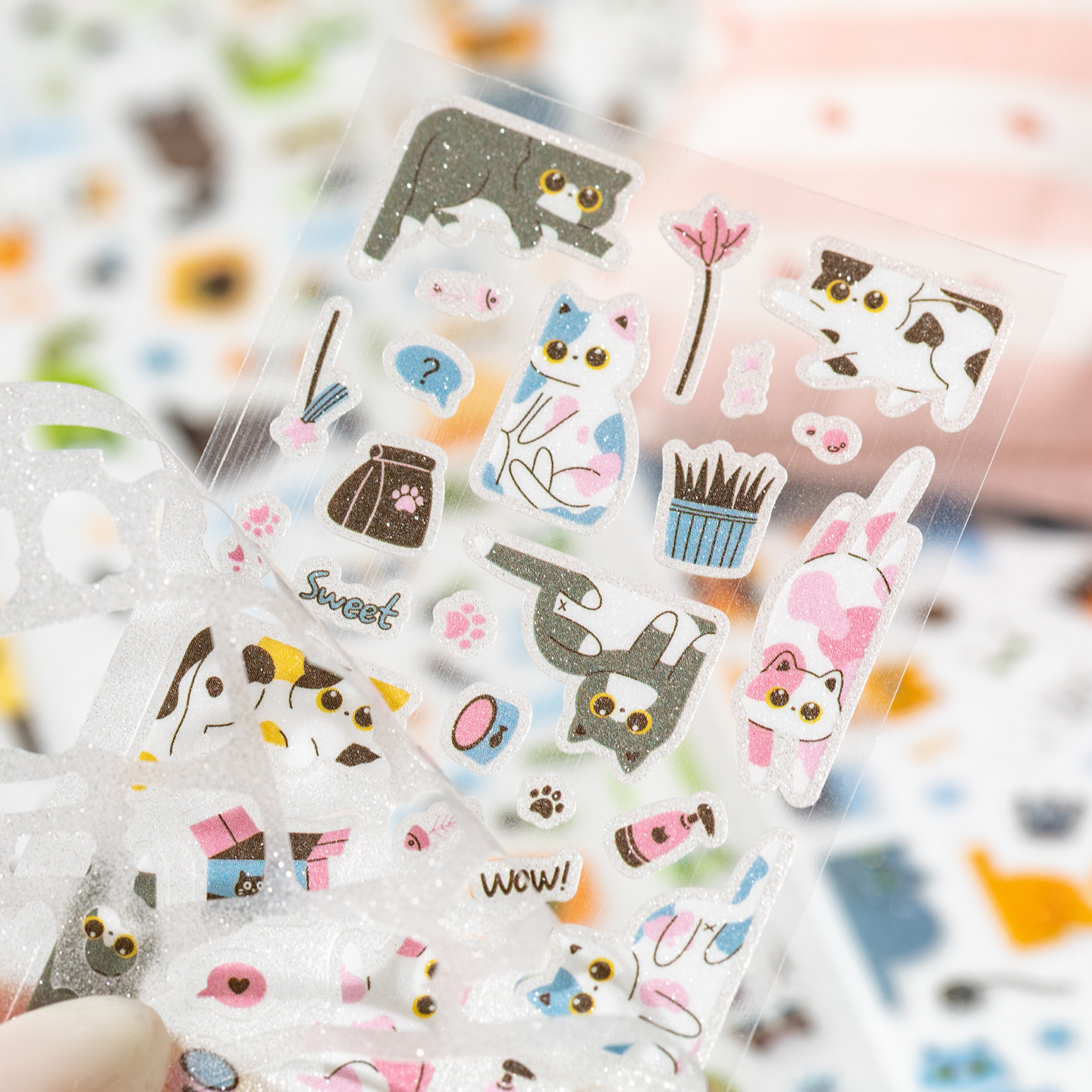 语闲可爱猫咪喵喵奶糖框pet闪砂胶带流行精致个性日常盐系小清新卡通萌宠切膜贴纸手账咕卡diy素材装饰拼贴画