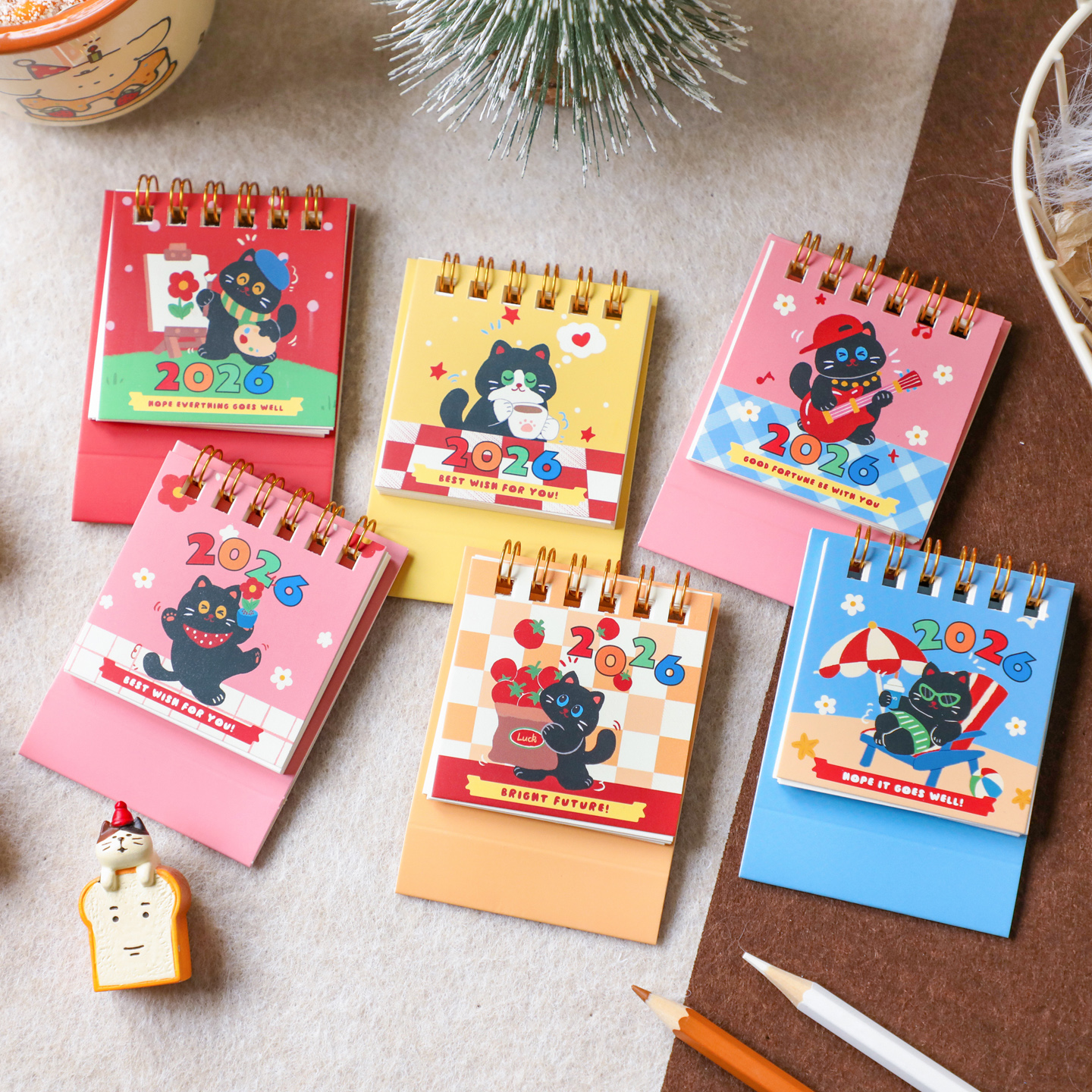 软糖猫系列六款迷你小台历多巴胺彩色ins风可爱趣味创意小清新日常个性小清新立体卡通摆件手撕2025年2026年
