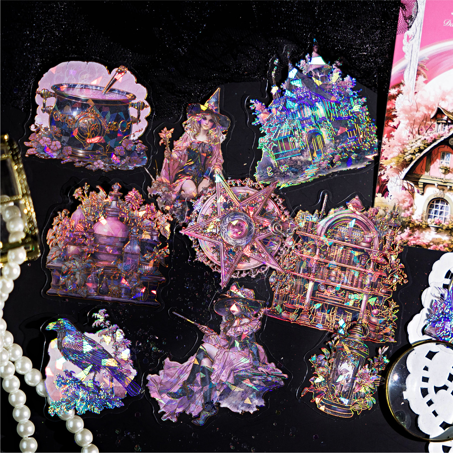 陌墨无界暗黑系列八款冰晶防水PET立体镭射金贴纸包 ins风高颜值文艺简约梦幻暗黑造景人物手帐装饰素材贴画